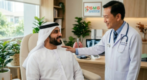 طبيب في أفضل مراكز علاج الجهاز التنفسي في تايلاند يطمئن مريضاً مع بوابة الخليج الطبية