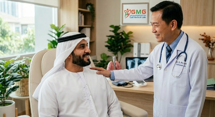 طبيب في أفضل مراكز علاج الجهاز التنفسي في تايلاند يطمئن مريضاً مع بوابة الخليج الطبية