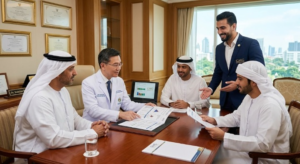 استشاري كلى تايلاندي يشرح بهدوء وشفافية تقارير تطابق الأنسجة لمريض خليجي ومرافقه (المتبرع المحتمل) في مكتب فخم، بينما يترجم منسق من بوابة الخليج الطبية الحوار بابتسامة تبعث على الثقة