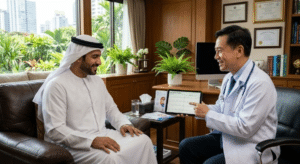 طبيب خبير يناقش خطة علاج خفقان القلب مع مريض في تايلاند بإشراف بوابة الخليج الطبية